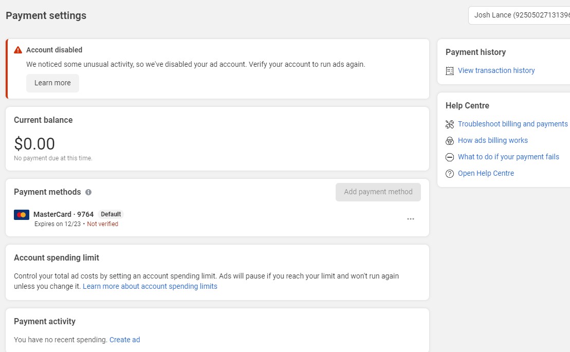 Account disabled (Error 792) after adding payment card